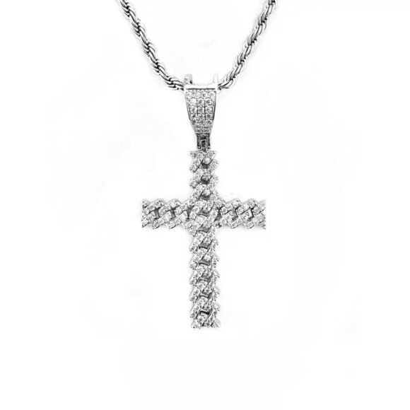 20" Womens 2ct Diamond 14K White Gold Rope Chain Cross Necklace Silver Jewelry - Picture 5 of 8